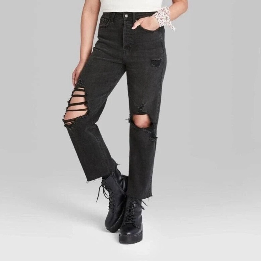 Ripped Black High Rise Straight Jeans